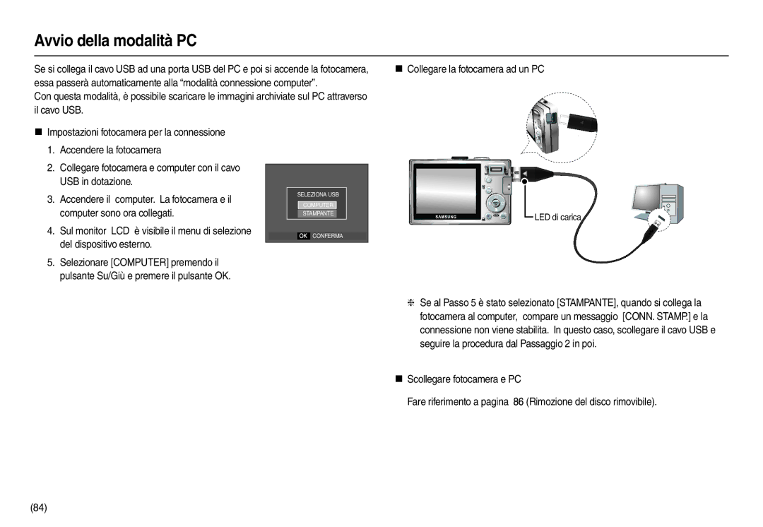 Samsung EC-L210ZPBC/E1, EC-L210ZUDA/E3, EC-L210ZSDA/E3, EC-L210ZRDA/E3, EC-L210ZBBA/FR, EC-L210ZPDA/E3 Avvio della modalità PC 