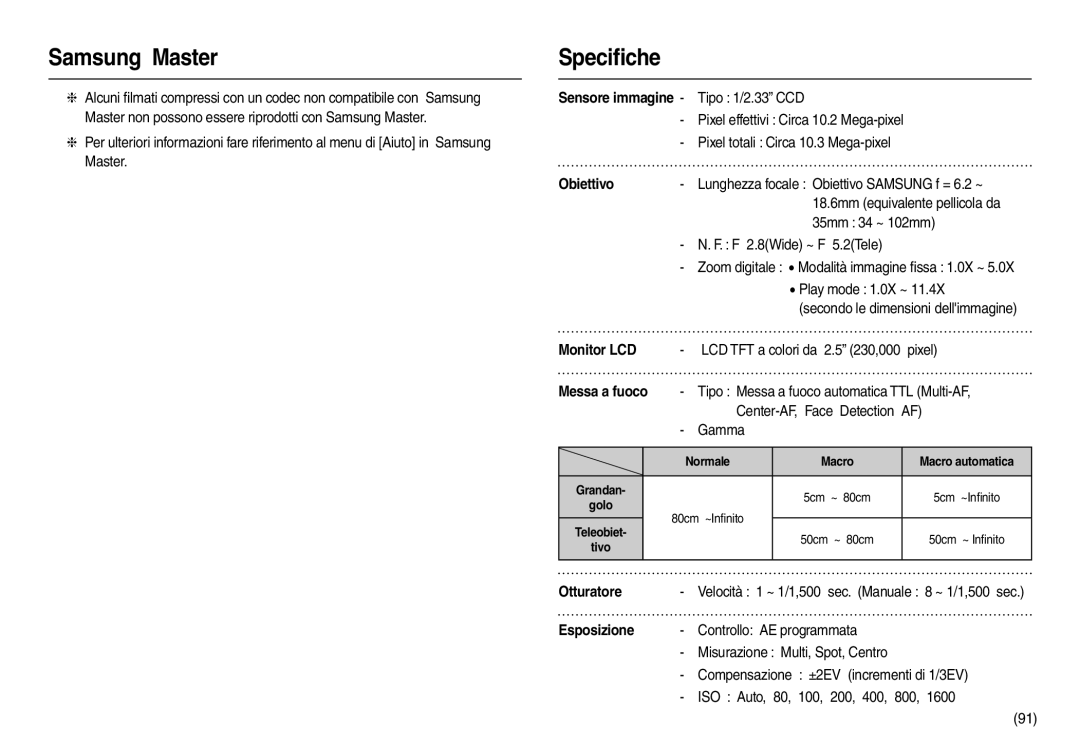 Samsung EC-L210ZUBA/IT, EC-L210ZUDA/E3, EC-L210ZSDA/E3, EC-L210ZRDA/E3 Obiettivo, Monitor LCD, Messa a fuoco, Esposizione 