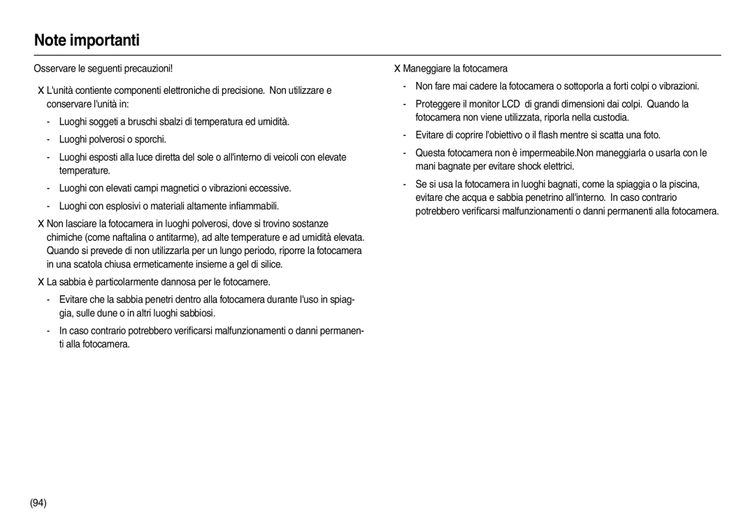 Samsung EC-L210ZUDA/E3 manual Conservare lunità, Mani bagnate per evitare shock elettrici, Temperature, Ti alla fotocamera 