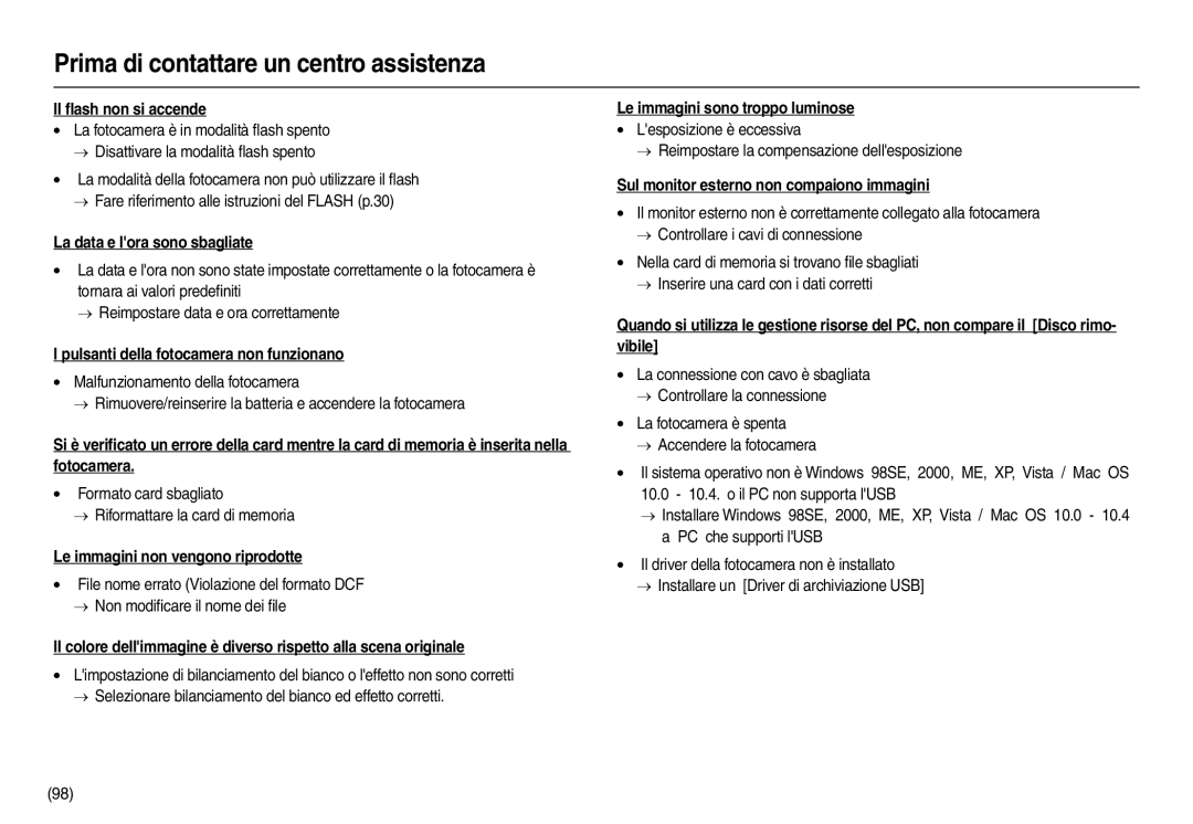 Samsung EC-L210ZPDA/E3 Il ﬂash non si accende, La data e lora sono sbagliate, Pulsanti della fotocamera non funzionano 