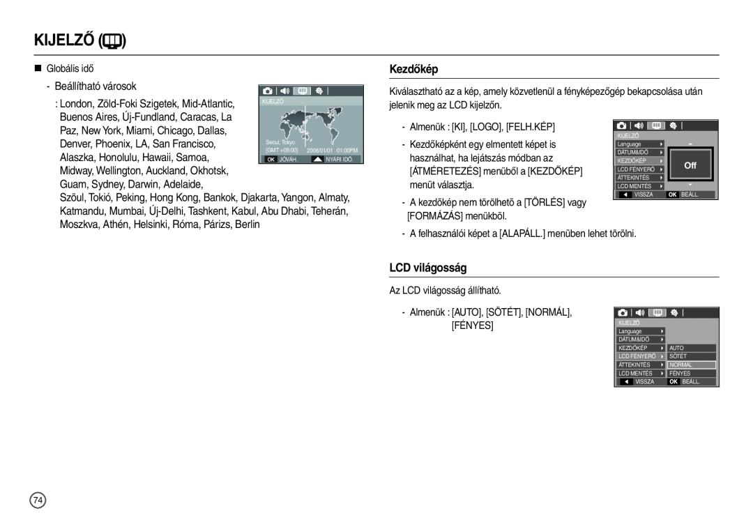 Samsung EC-L210ZBBA/FR manual Kezdőkép, LCD világosság, Beállítható városok, Denver, Phoenix, LA, San Francisco, Kijelző 