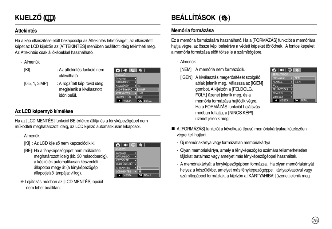 Samsung EC-L210ZPDA/E3 manual Áttekintés, Memória formázása, Az LCD képernyő kímélése, Almenük, Az áttekintés funkció nem 