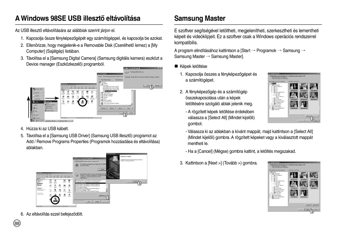 Samsung EC-L210ZBBA/E1, EC-L210ZUDA/E3, EC-L210ZSDA/E3 manual A Windows 98SE USB illesztő eltávolítása, Samsung Master 