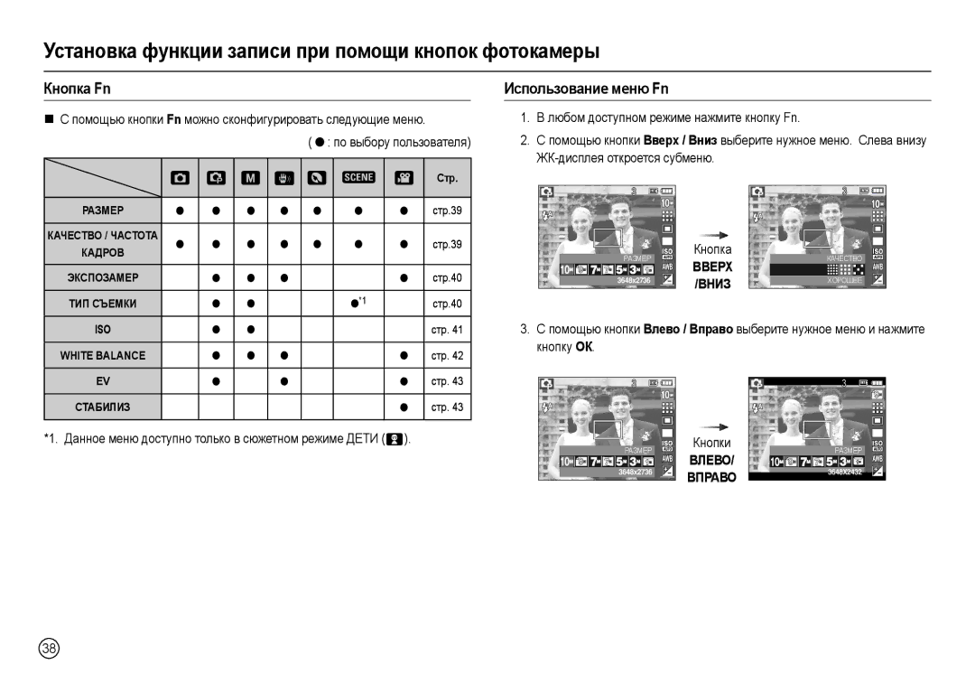 Samsung EC-L210ZUDA/E3 manual Кнɨпкɚ Fn, Иɫпɨльɡɨвɚниɟ мɟню Fn, Ⱦɚɧɧɨɟ ɦɟɧɸ ɞɨɫɬɭɩɧɨ ɬɨɥɶɤɨ ɜ ɫɸɠɟɬɧɨɦ ɪɟɠɢɦɟ ȾȿɌɂ  