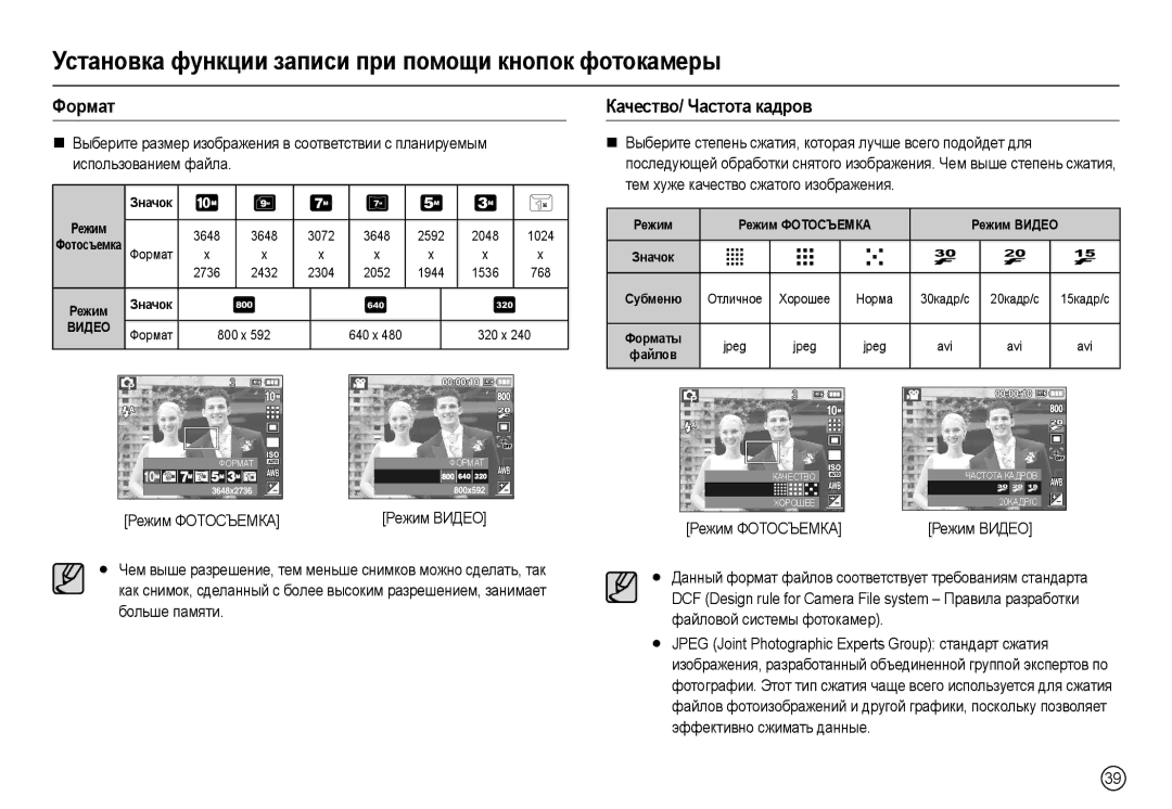 Samsung EC-L210ZSDA/E3, EC-L210ZUDA/E3 Фɨɪмɚт Кɚчɟɫтвɨ/ Чɚɫтɨтɚ кɚдɪɨв, Ɬɟɦ ɯɭɠɟ ɤɚɱɟɫɬɜɨ ɫɠɚɬɨɝɨ ɢɡɨɛɪɚɠɟɧɢɹ, Ɋɟɠɢɦ ȼɂȾȿɈ 