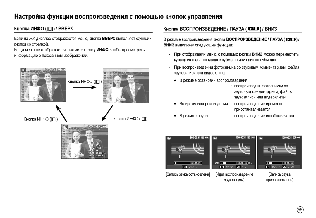 Samsung EC-L210ZBDA/E3 manual Кнɨпкɚ ИɇФɈ  / ȼȼȿɊɏ, Кнɨпкɚ ȼɈɋПɊɈИЗȼȿДȿɇИȿ / Пⱥузⱥ  / ȼɇИЗ, Ɂɚɩɢɫɶ ɡɜɭɤɚ Ɩɪɢɨɫɬɚɧɨɜɥɟɧɚ 