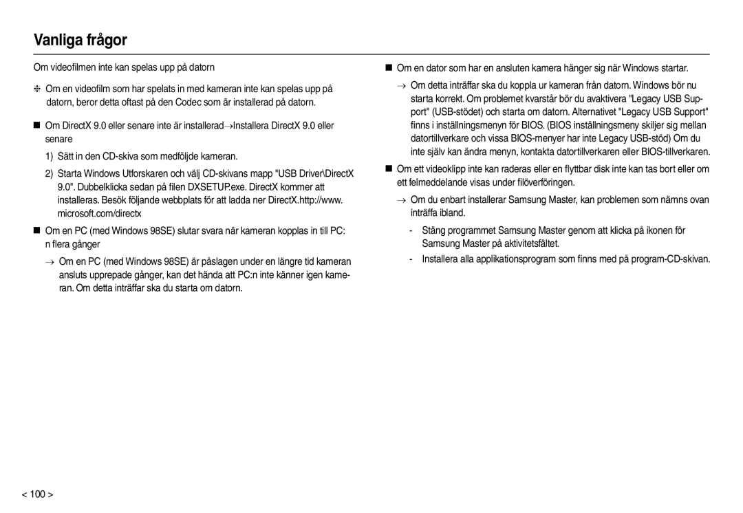 Samsung EC-L210ZBDA/E3, EC-L210ZUDA/E3, EC-L210ZSDA/E3, EC-L210ZRDA/E3 manual Om videoﬁlmen inte kan spelas upp på datorn, 100 