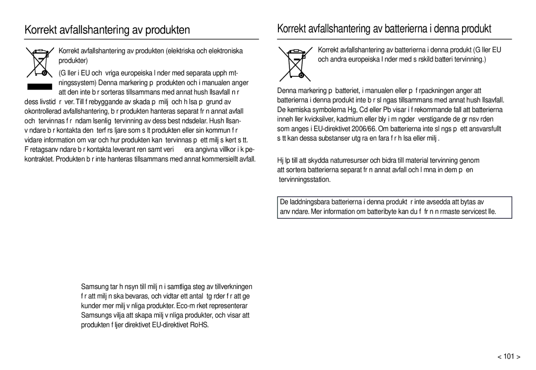 Samsung EC-L210ZBBA/E2, EC-L210ZUDA/E3, EC-L210ZSDA/E3, EC-L210ZRDA/E3 manual Korrekt avfallshantering av produkten, 101 