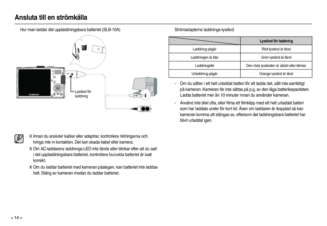 Samsung EC-L210ZSBA/E2, EC-L210ZUDA/E3 manual „ Hur man laddar det uppladdningsbara batteriet SLB-10A, Lysdiod för laddning 