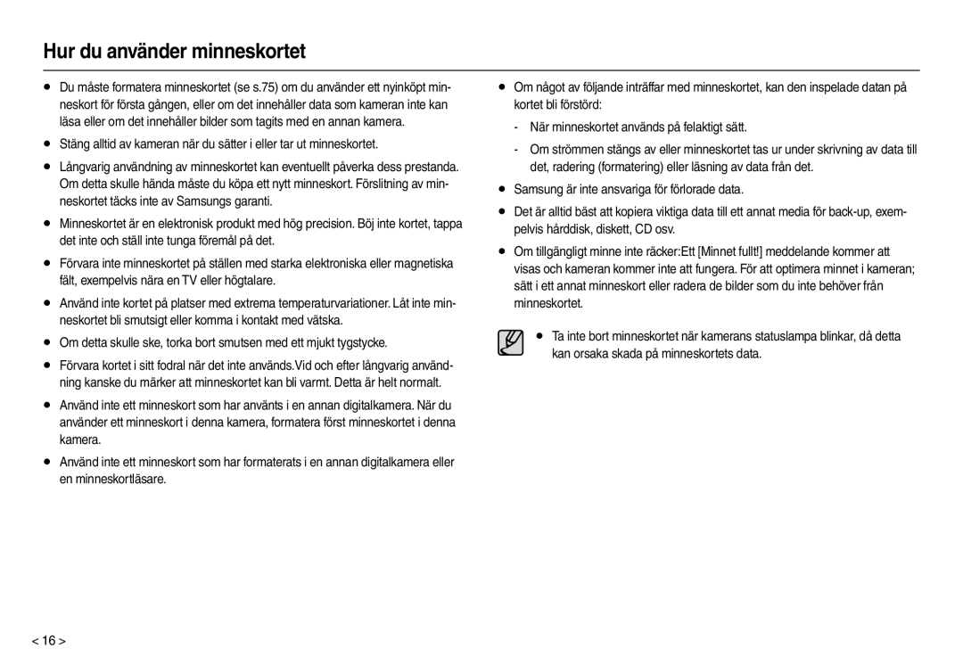 Samsung EC-L210ZSDA/E3, EC-L210ZUDA/E3, EC-L210ZRDA/E3, EC-L210ZRBA/E2, EC-L210ZPDA/E3 manual Hur du använder minneskortet 