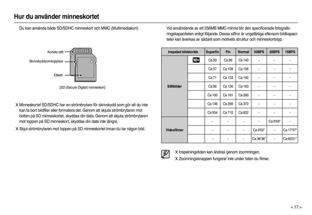 Samsung EC-L210ZRDA/E3, EC-L210ZUDA/E3, EC-L210ZSDA/E3 Inspelningstiden kan ändras genom zoomningen, Inspelad bildstorlek 