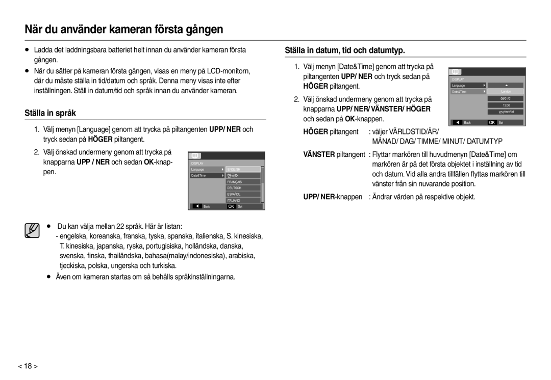 Samsung EC-L210ZRBA/E2 När du använder kameran första gången, Ställa in datum, tid och datumtyp, Ställa in språk, Gången 