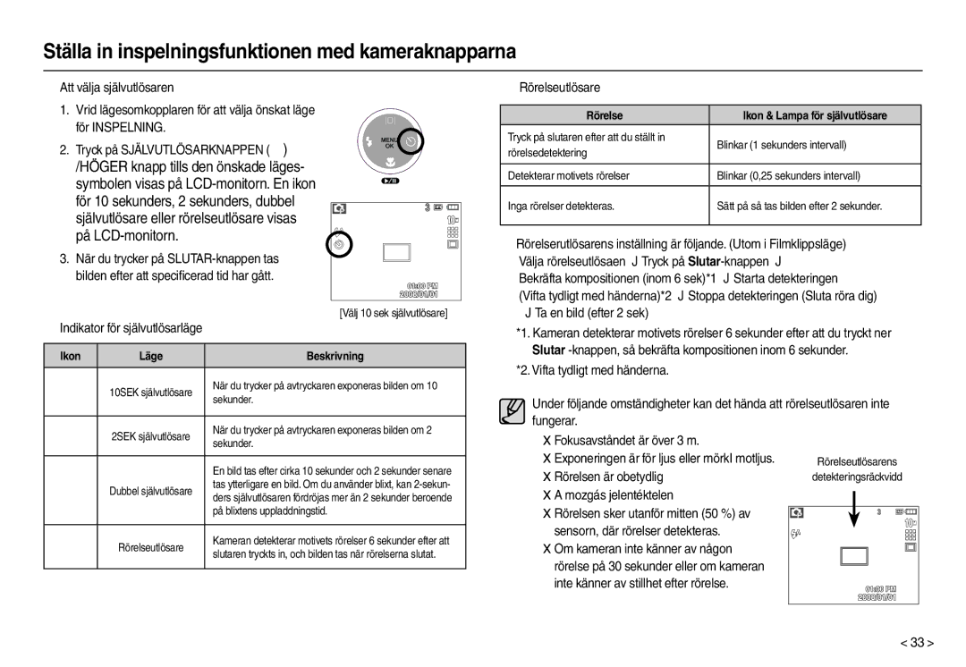 Samsung EC-L210ZRDA/E3 „ Indikator för självutlösarläge, „ Rörelseutlösare, Rörelsen är obetydlig, Mozgás jelentéktelen 