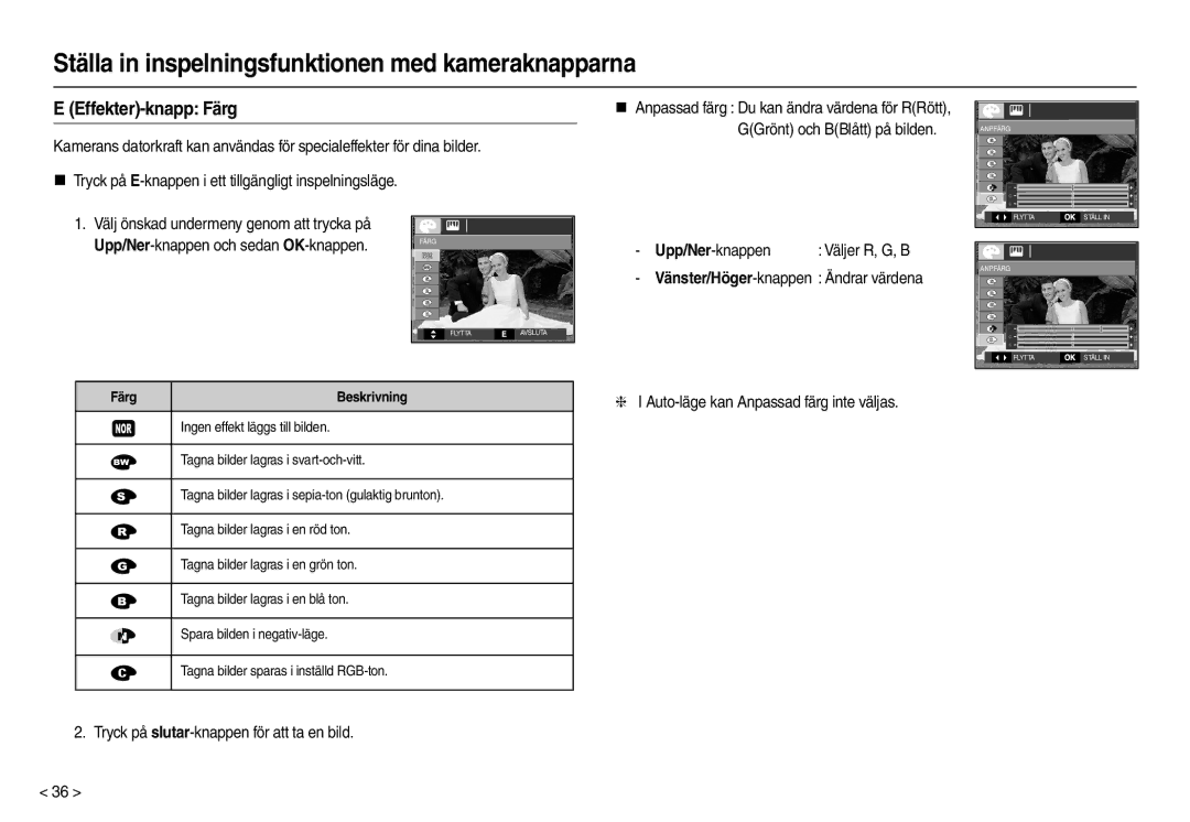 Samsung EC-L210ZBDA/E3, EC-L210ZUDA/E3, EC-L210ZSDA/E3 manual Effekter-knapp Färg, Upp/Ner-knappen och sedan OK-knappen 