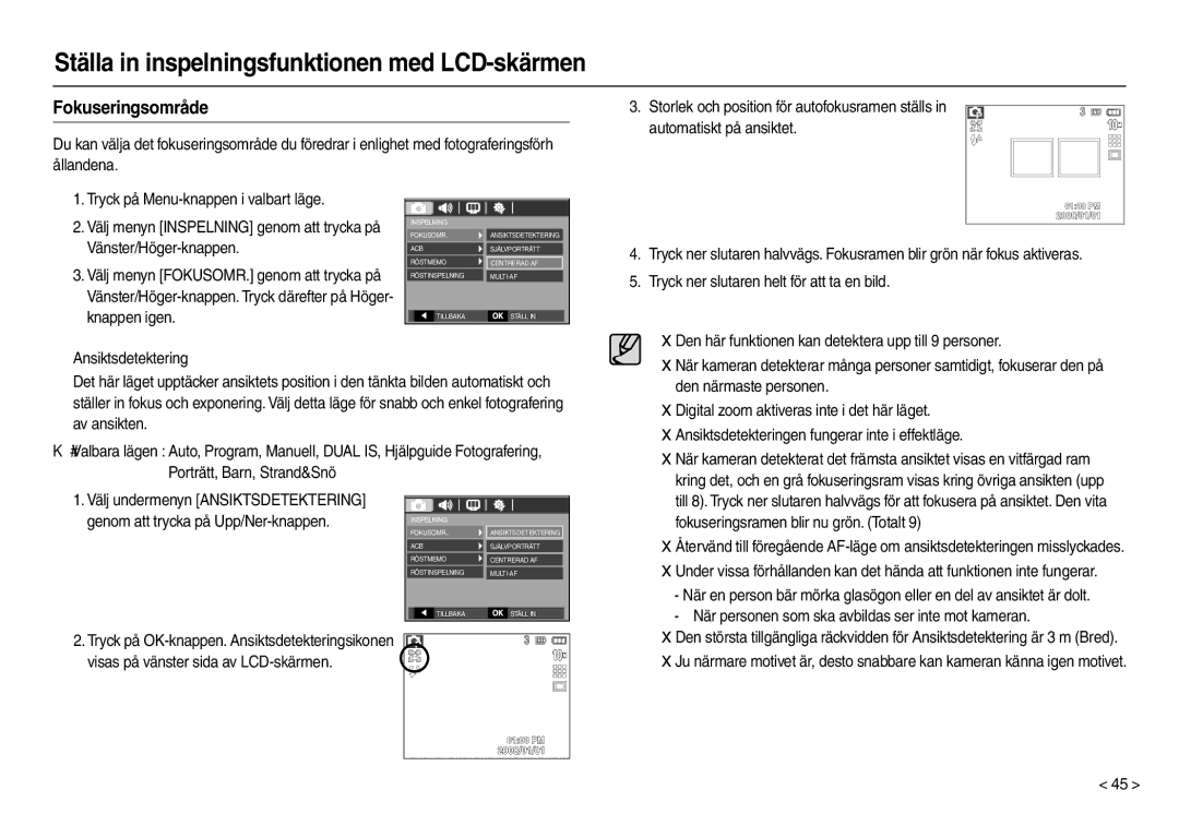 Samsung EC-L210ZBBA/E2 manual Fokuseringsområde, Vänster/Höger-knappen, Knappen igen, Fokuseringsramen blir nu grön. Totalt 