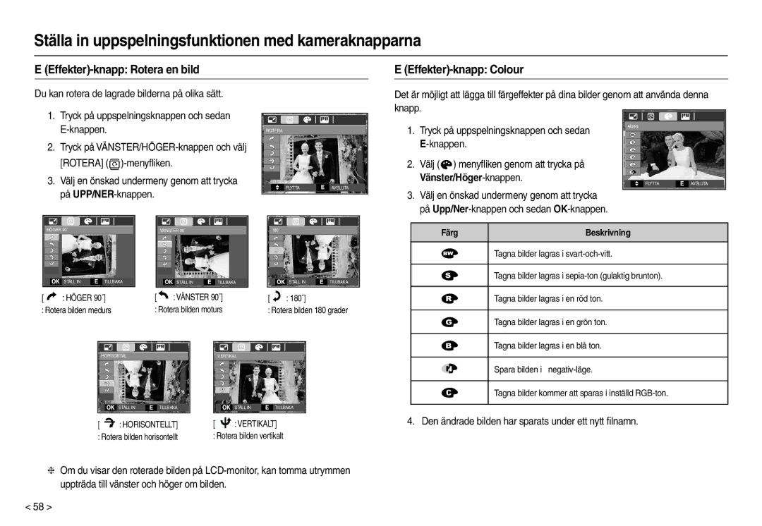 Samsung EC-L210ZRBA/E2, EC-L210ZUDA/E3 manual Effekter-knapp Rotera en bild, Effekter-knapp Colour, Rotera -menyﬂiken 