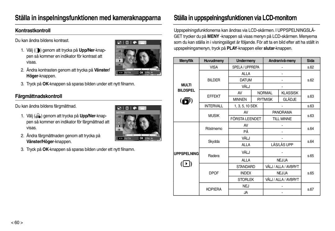 Samsung EC-L210ZBDA/E3, EC-L210ZUDA/E3, EC-L210ZSDA/E3, EC-L210ZRDA/E3 manual Kontrastkontroll, Färgmättnadskontroll, Menyﬂik 