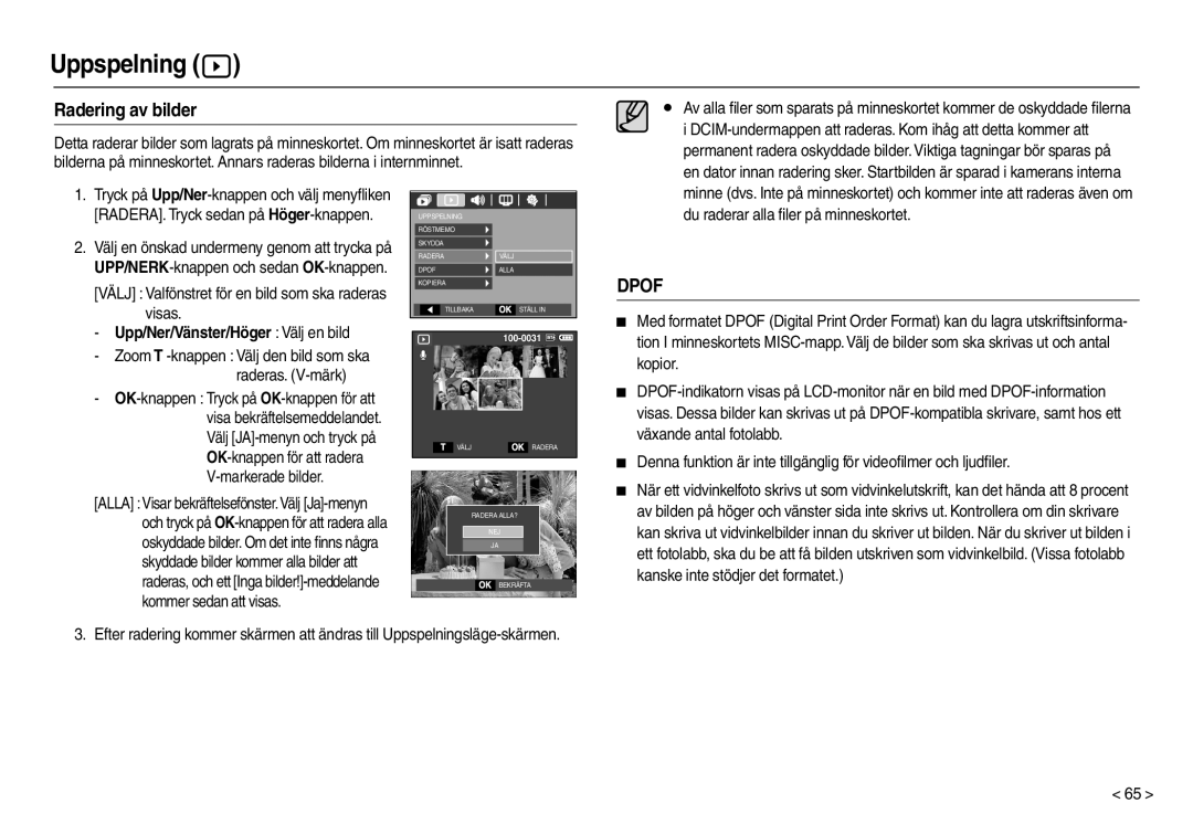 Samsung EC-L210ZRDA/E3, EC-L210ZUDA/E3, EC-L210ZSDA/E3 manual Radering av bilder, Visas, Raderas. V-märk, Markerade bilder 