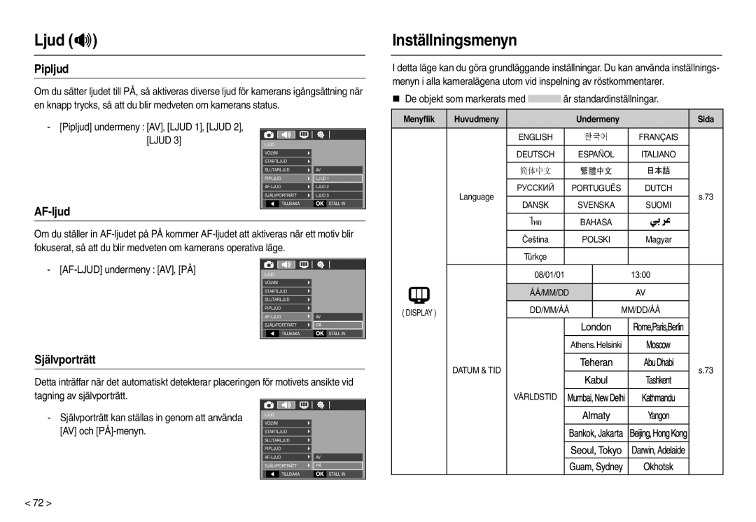 Samsung EC-L210ZSDA/E3, EC-L210ZUDA/E3, EC-L210ZRDA/E3 Inställningsmenyn, Pipljud, AF-ljud, Självporträtt, AV och PÅ-menyn 