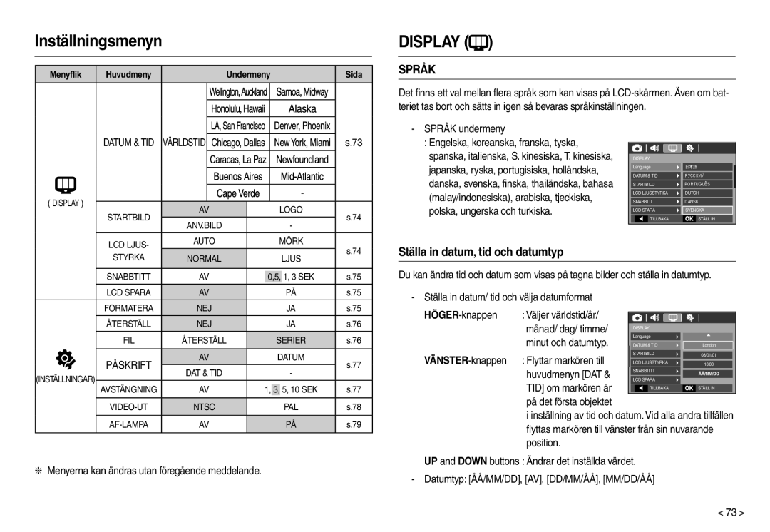 Samsung EC-L210ZRDA/E3 manual Språk undermeny, Ställa in datum/ tid och välja datumformat HÖGER-knappen, VÄNSTER-knappen 