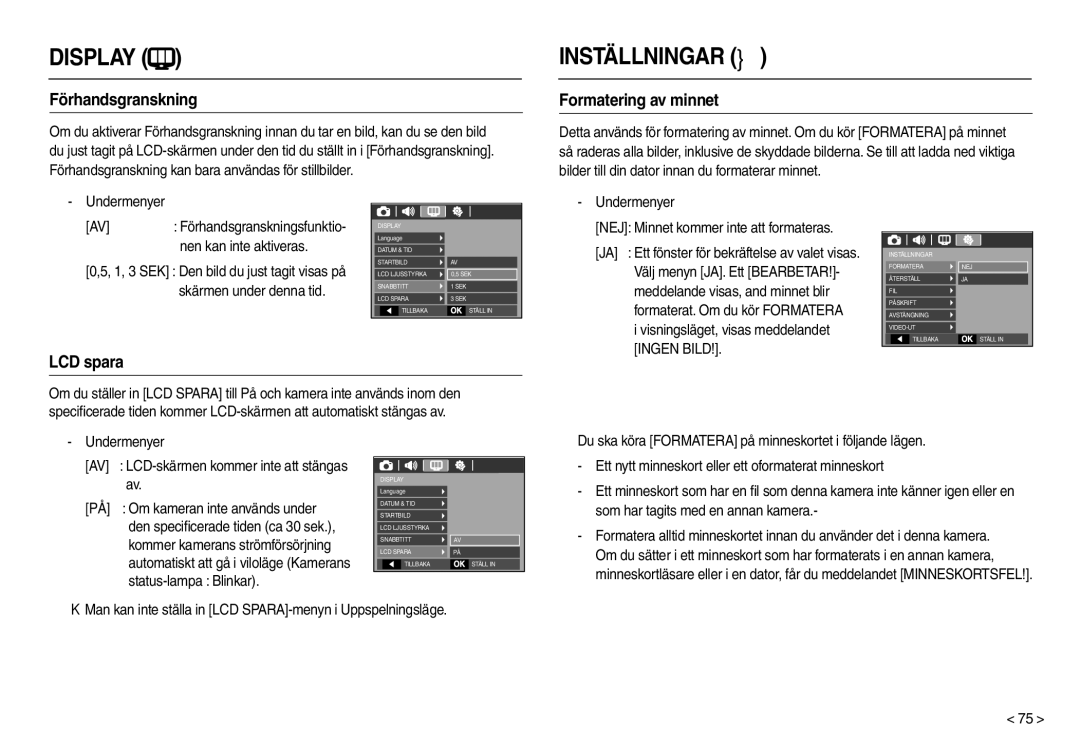 Samsung EC-L210ZPDA/E3, EC-L210ZUDA/E3, EC-L210ZSDA/E3, EC-L210ZRDA/E3 Förhandsgranskning, Formatering av minnet, LCD spara 