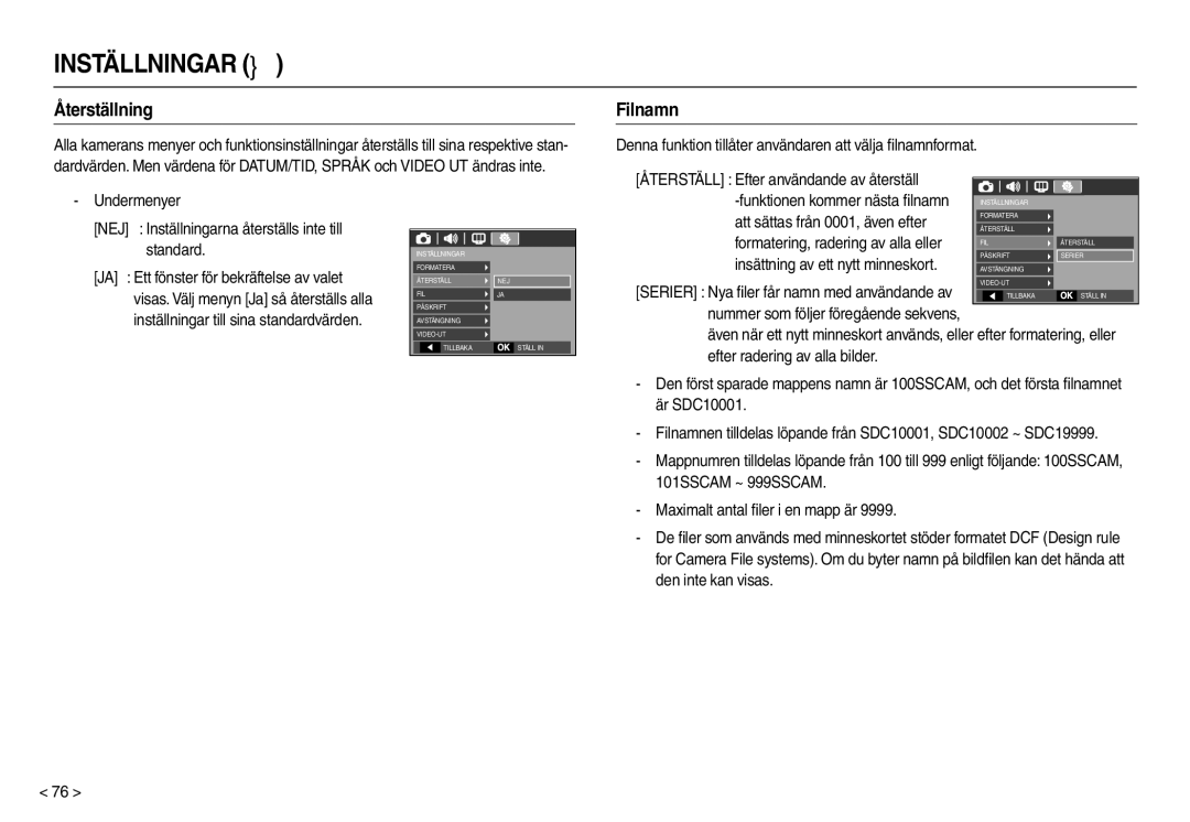 Samsung EC-L210ZBDA/E3 Återställning, Filnamn, Återställ Efter användande av återställ, Att sättas från 0001, även efter 