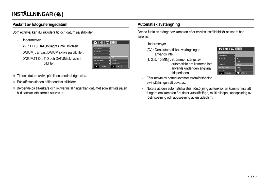 Samsung EC-L210ZBBA/E2, EC-L210ZUDA/E3, EC-L210ZSDA/E3 manual Påskrift av fotograferingsdatum, Automatisk avstängning 