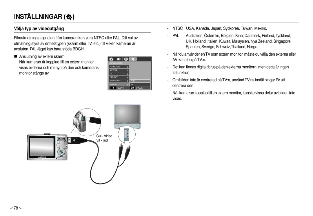 Samsung EC-L210ZSBA/E2, EC-L210ZUDA/E3 manual Välja typ av videoutgång, Ntsc USA, Kanada, Japan, Sydkorea, Taiwan, Mexiko 