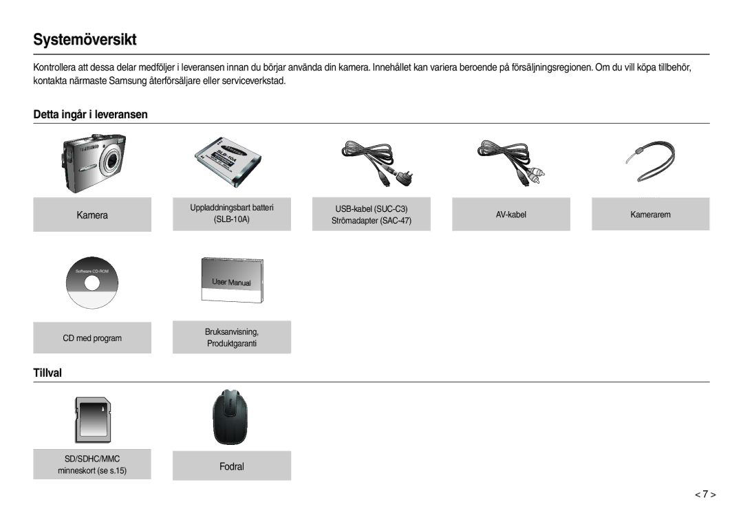 Samsung EC-L210ZUDA/E3, EC-L210ZSDA/E3, EC-L210ZRDA/E3 manual Systemöversikt, Detta ingår i leveransen, Tillval, Kamera 