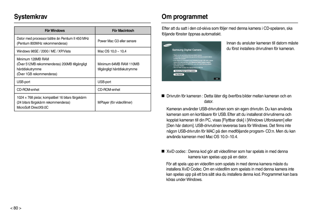 Samsung EC-L210ZSDA/E3, EC-L210ZUDA/E3, EC-L210ZRDA/E3, EC-L210ZRBA/E2 Systemkrav, Om programmet, För Windows För Macintosh 