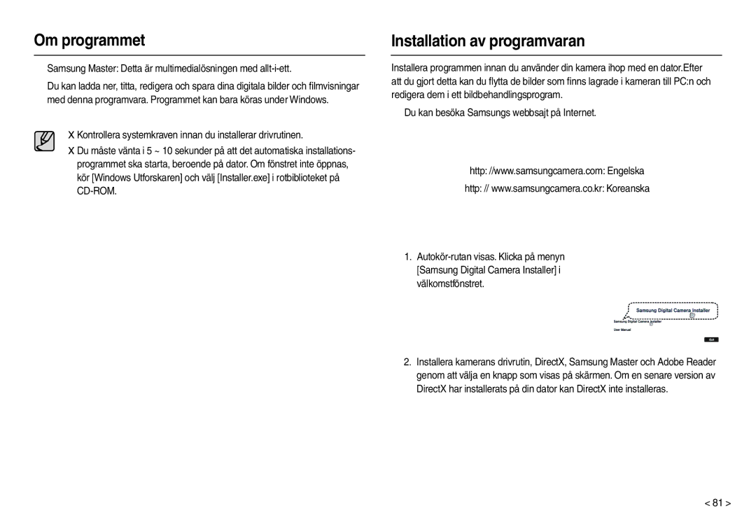 Samsung EC-L210ZRDA/E3 manual Installation av programvaran, „ Samsung Master Detta är multimedialösningen med allt-i-ett 