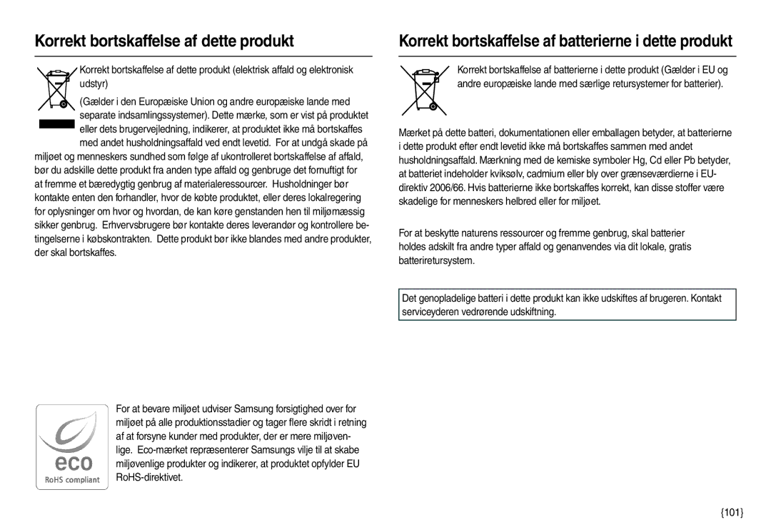 Samsung EC-L210ZBBA/E2 manual Korrekt bortskaffelse af dette produkt, Korrekt bortskaffelse af batterierne i dette produkt 