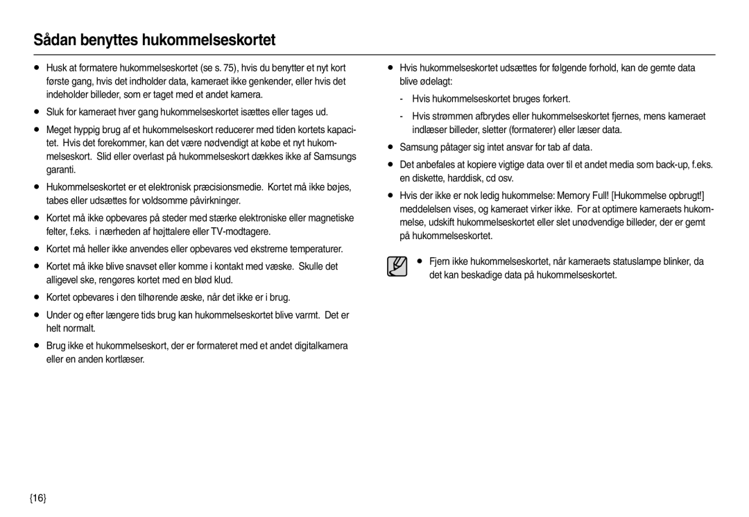 Samsung EC-L210ZSDA/E3, EC-L210ZUDA/E3, EC-L210ZRDA/E3, EC-L210ZRBA/E2, EC-L210ZPDA/E3 manual Sådan benyttes hukommelseskortet 