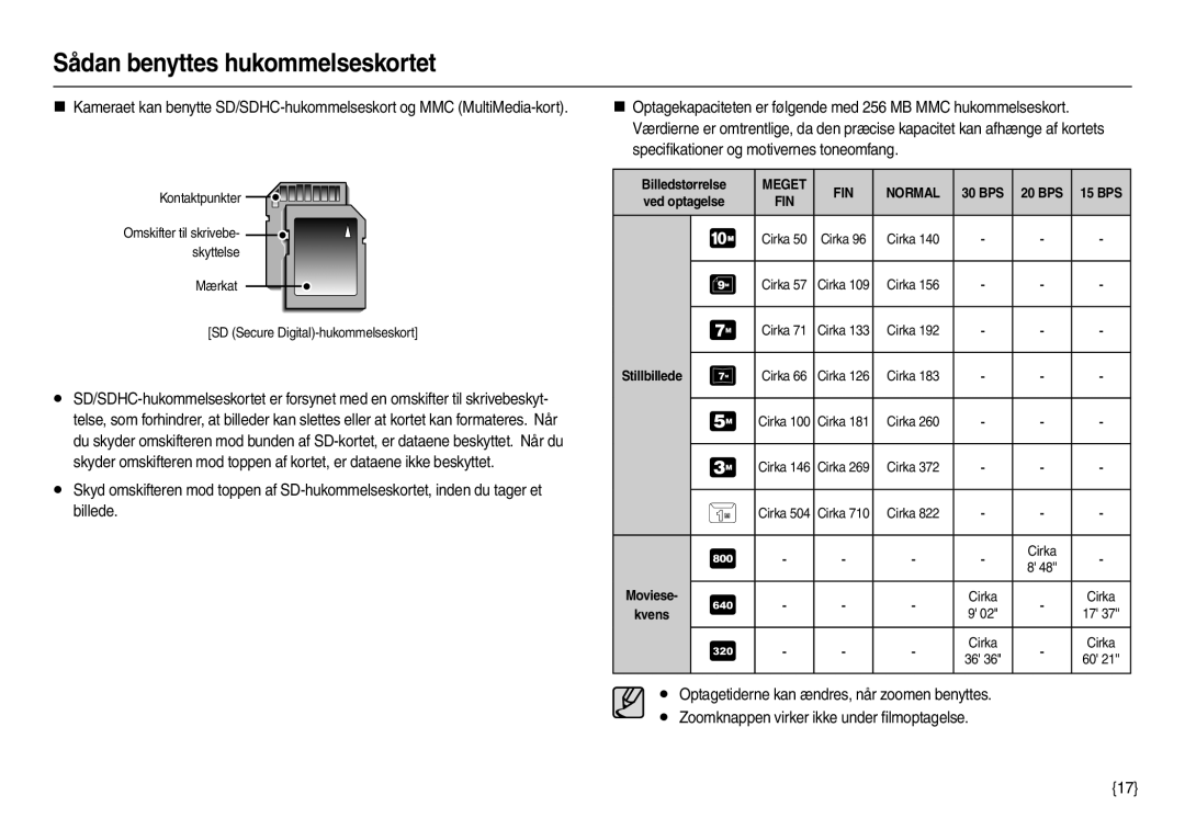 Samsung EC-L210ZRDA/E3, EC-L210ZUDA/E3, EC-L210ZSDA/E3, EC-L210ZRBA/E2, EC-L210ZPDA/E3 manual Billedstørrelse, Ved optagelse 