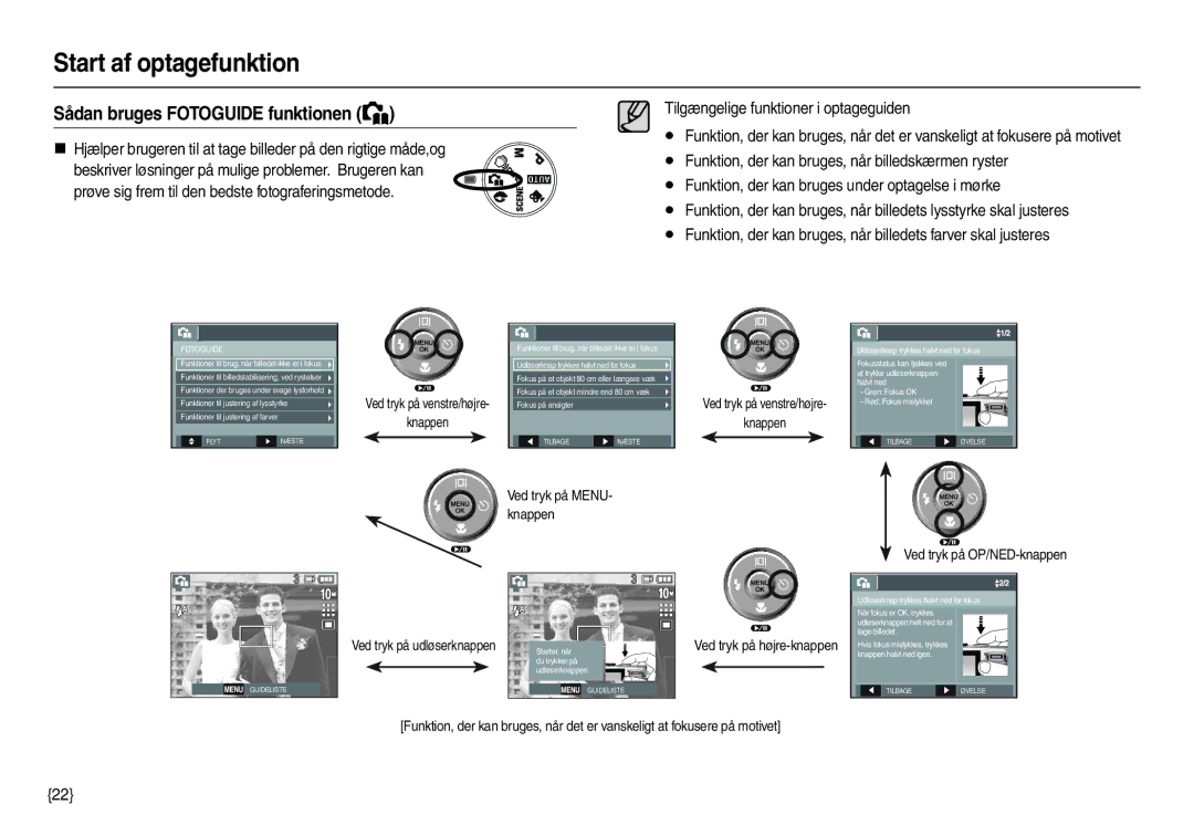 Samsung EC-L210ZSBA/E2, EC-L210ZUDA/E3 manual Sådan bruges Fotoguide funktionen, Tilgængelige funktioner i optageguiden 