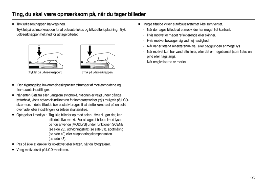 Samsung EC-L210ZRDA/E3, EC-L210ZUDA/E3, EC-L210ZSDA/E3 manual Ting, du skal være opmærksom på, når du tager billeder 