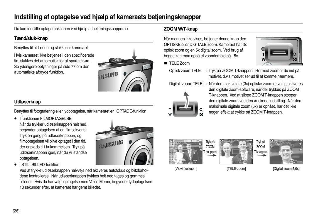 Samsung EC-L210ZRBA/E2, EC-L210ZUDA/E3, EC-L210ZSDA/E3, EC-L210ZRDA/E3 manual Tænd/sluk-knap, Udløserknap, Zoom W/T-knap 