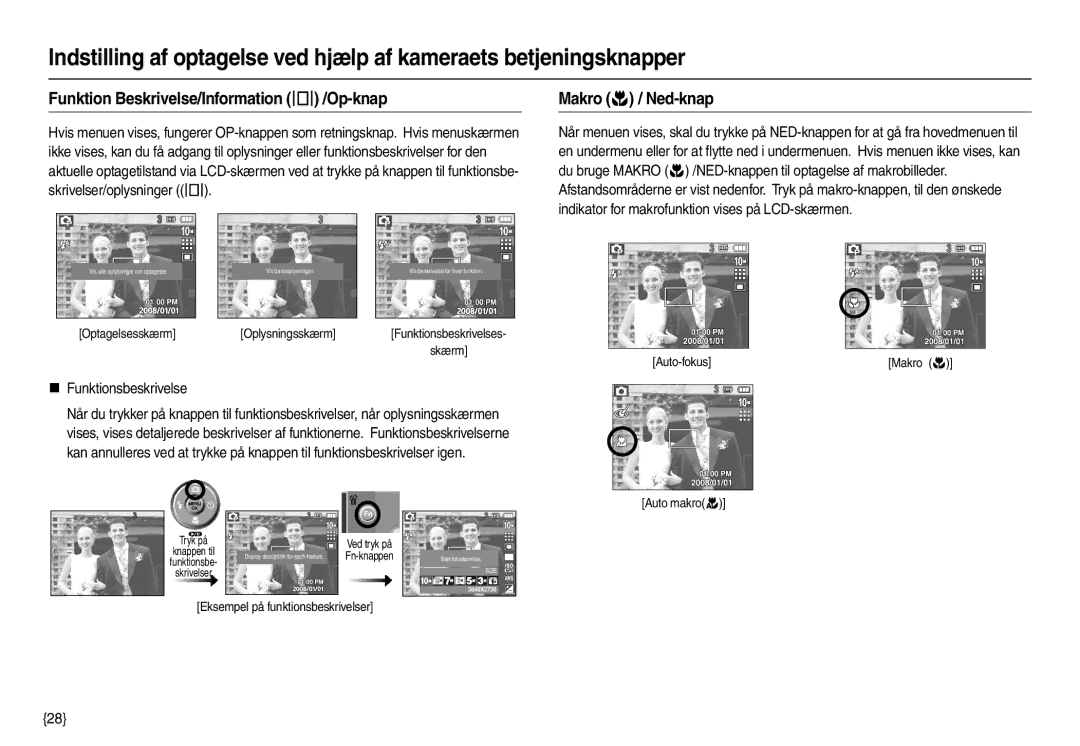 Samsung EC-L210ZBDA/E3 manual Funktion Beskrivelse/Information  /Op-knap, Makro  / Ned-knap, „ Funktionsbeskrivelse 