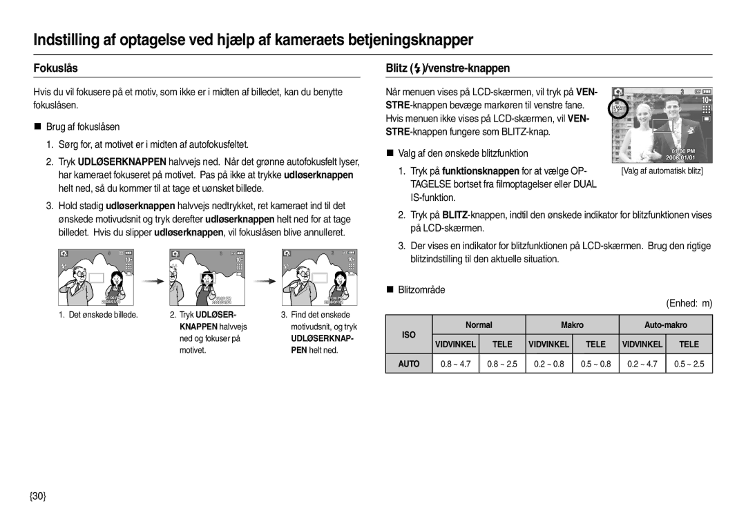 Samsung EC-L210ZSBA/E2, EC-L210ZUDA/E3 manual Fokuslås, Blitz /venstre-knappen, Knappen halvvejs, Normal Makro Auto-makro 