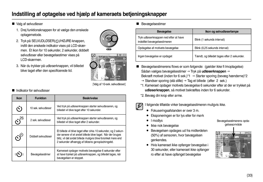 Samsung EC-L210ZRDA/E3, EC-L210ZUDA/E3, EC-L210ZSDA/E3, EC-L210ZRBA/E2 „ Bevægelsestimer, Bevægelse Ikon og selvudløserlampe 