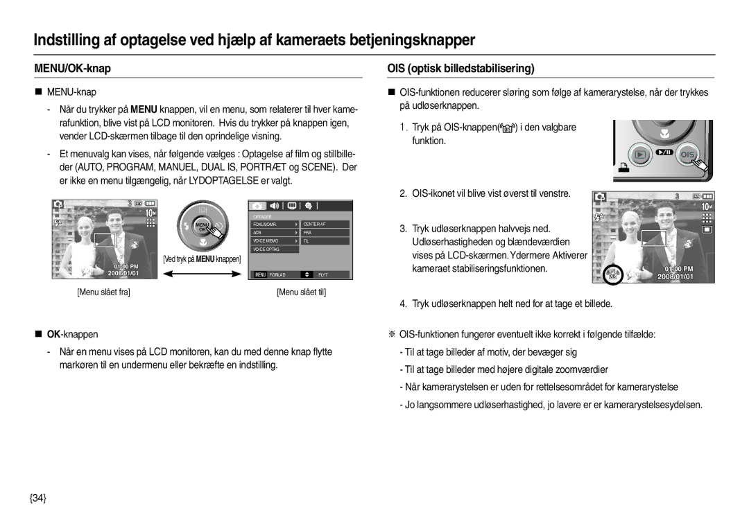 Samsung EC-L210ZRBA/E2, EC-L210ZUDA/E3 manual MENU/OK-knap, OIS optisk billedstabilisering, „ MENU-knap, „ OK-knappen 