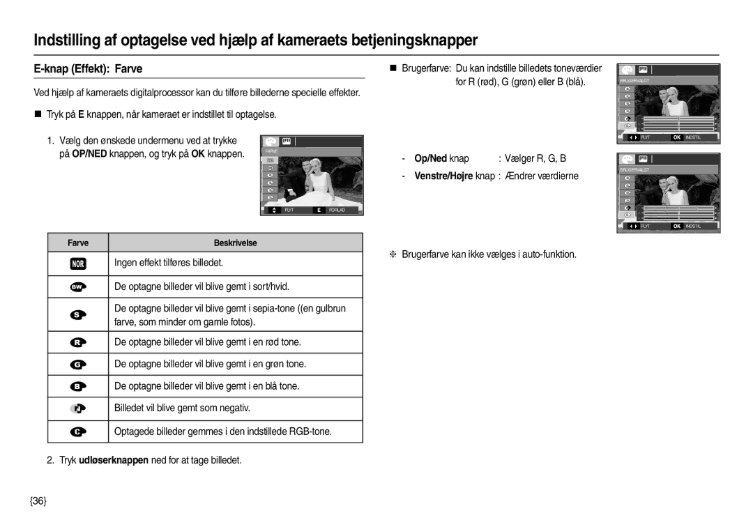 Samsung EC-L210ZBDA/E3, EC-L210ZUDA/E3, EC-L210ZSDA/E3, EC-L210ZRDA/E3, EC-L210ZRBA/E2 manual Knap Effekt Farve, Op/Ned knap 