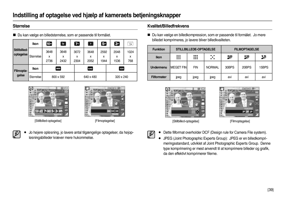 Samsung EC-L210ZUDA/E3 manual Størrelse, Kvalitet/Billedfrekvens, Løsningsbilleder kræver mere hukommelse, Funktion 