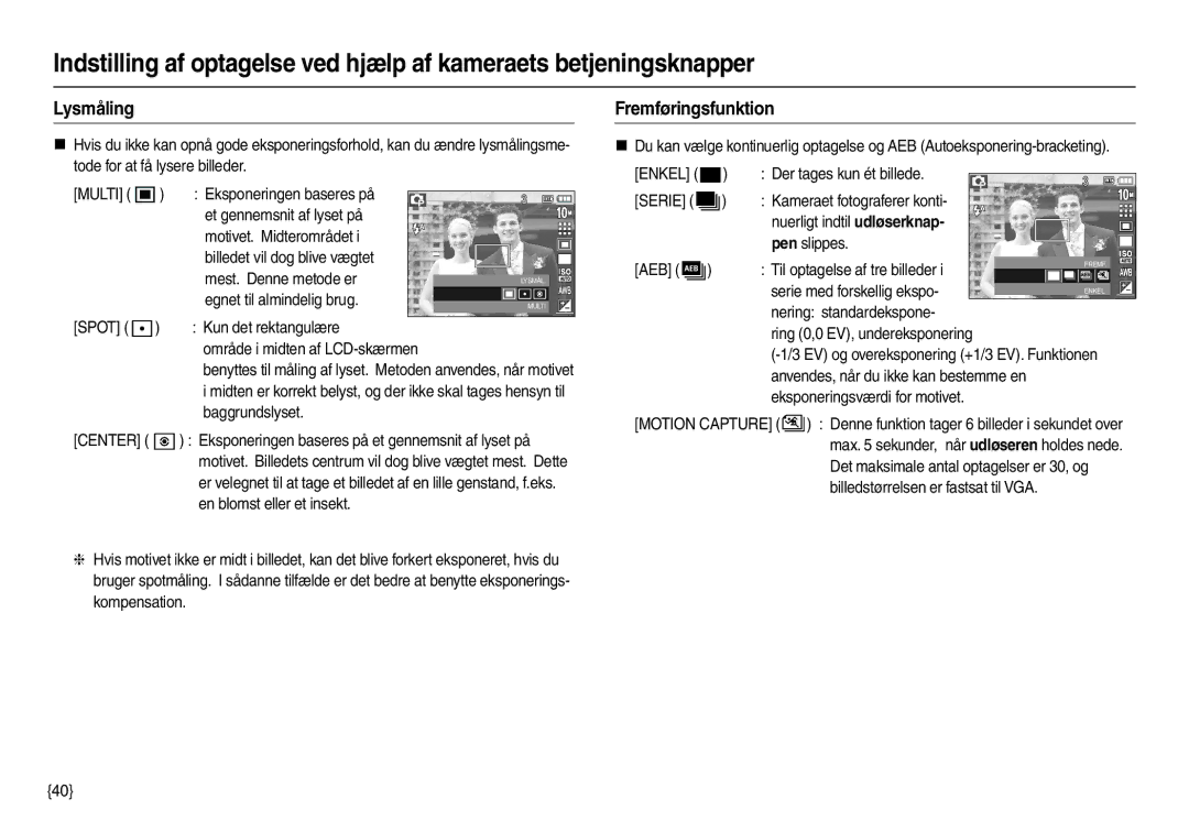 Samsung EC-L210ZSDA/E3, EC-L210ZUDA/E3, EC-L210ZRDA/E3, EC-L210ZRBA/E2, EC-L210ZPDA/E3 manual Lysmåling, Fremføringsfunktion 