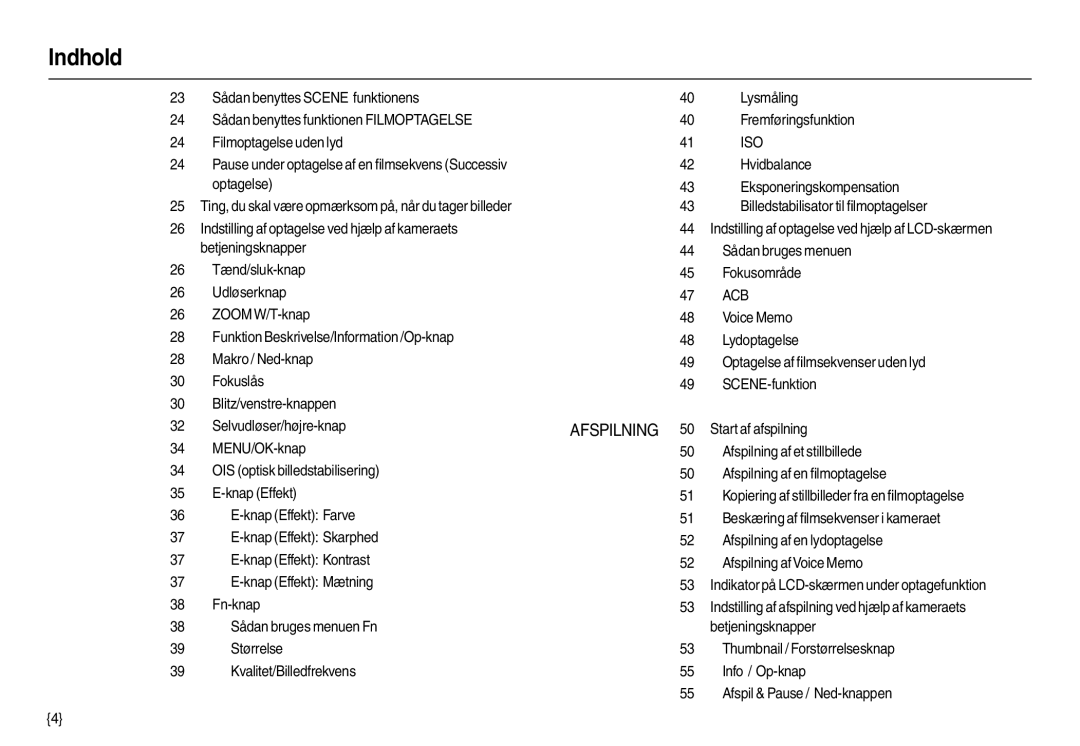 Samsung EC-L210ZBDA/E3 Hvidbalance, Optagelse Eksponeringskompensation, Billedstabilisator til ﬁlmoptagelser, Fn-knap 