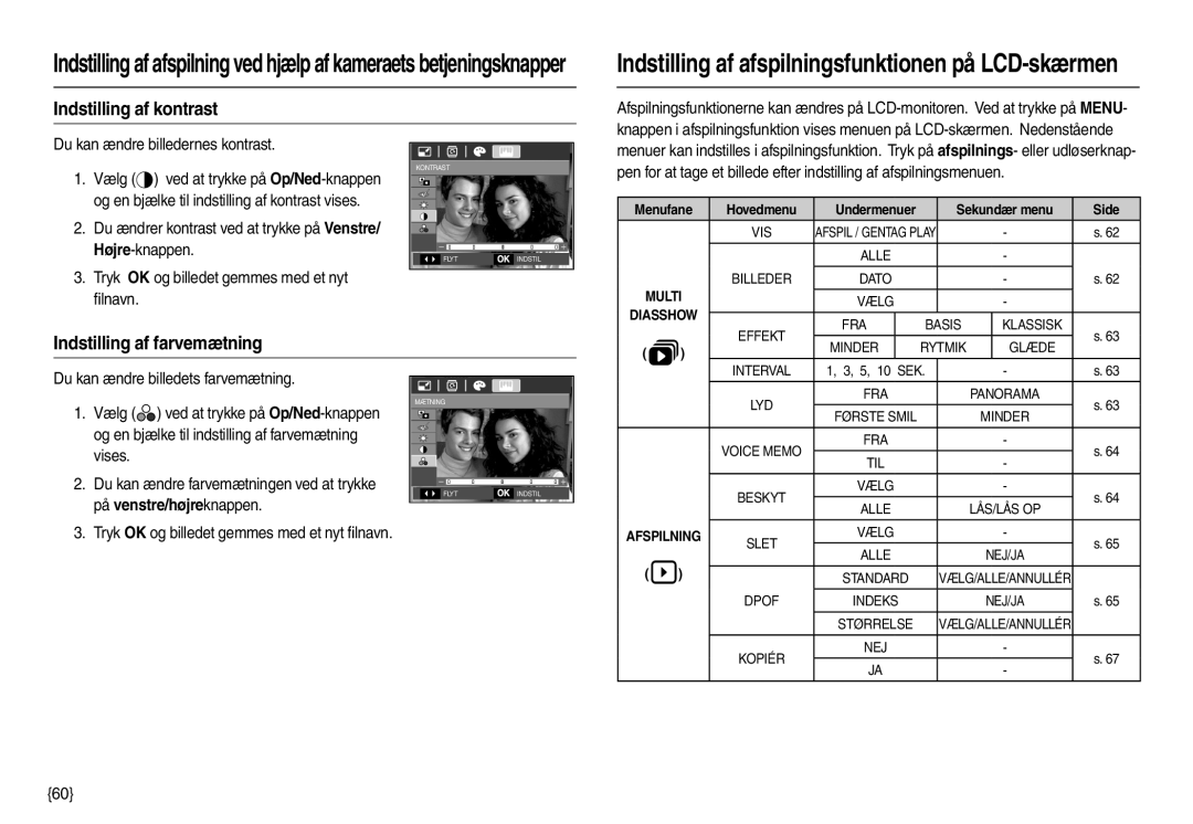 Samsung EC-L210ZBDA/E3 manual Indstilling af kontrast, Indstilling af farvemætning, Du kan ændre billedernes kontrast 