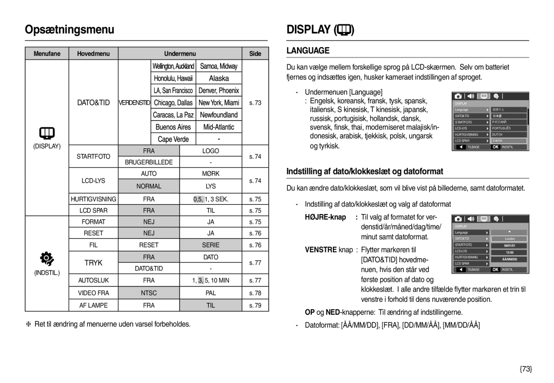 Samsung EC-L210ZRDA/E3, EC-L210ZUDA/E3 manual Undermenuen Language, Indstilling af dato/klokkeslæt og valg af datoformat 