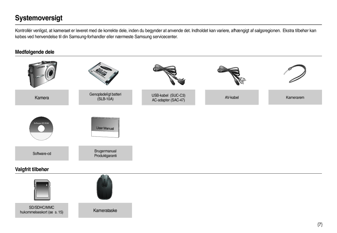 Samsung EC-L210ZUDA/E3, EC-L210ZSDA/E3, EC-L210ZRDA/E3 Systemoversigt, Medfølgende dele, Valgfrit tilbehør, Kamerataske 