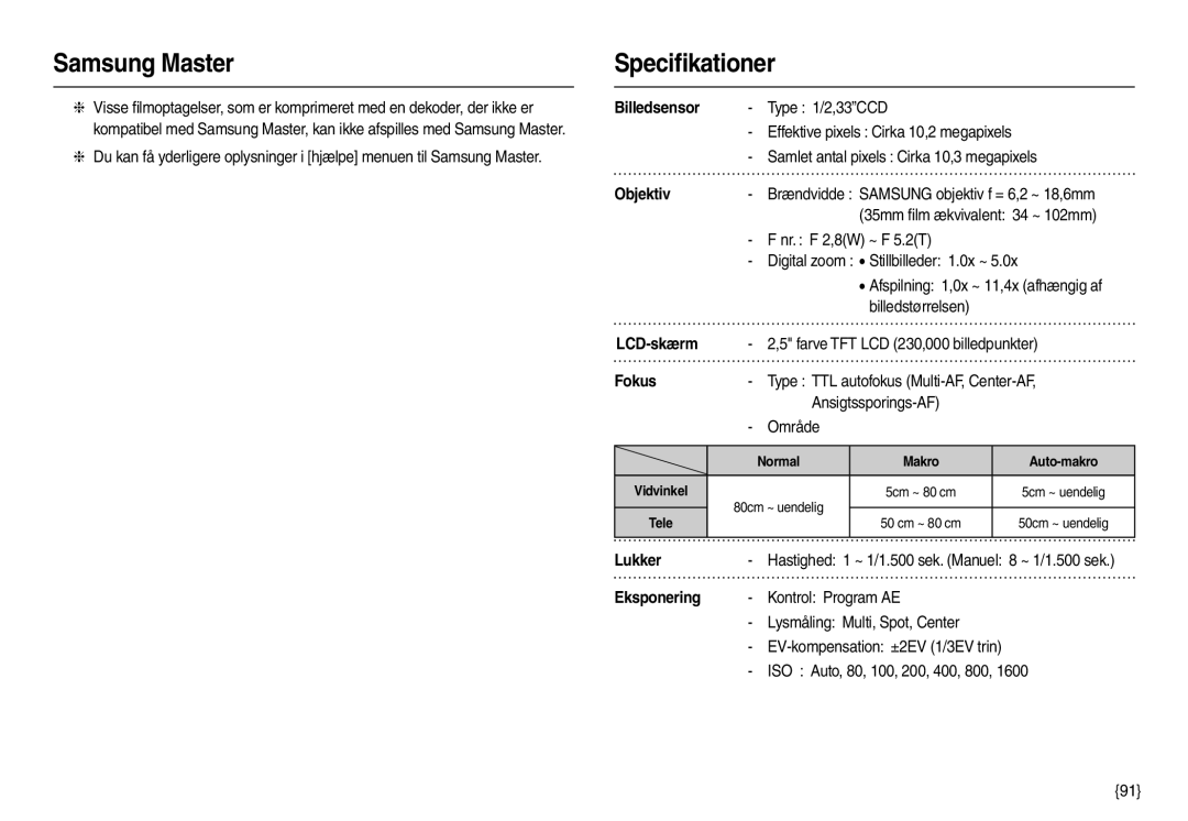 Samsung EC-L210ZPDA/E3, EC-L210ZUDA/E3, EC-L210ZSDA/E3 manual Samsung Master Speciﬁkationer, Objektiv, Fokus, Lukker 