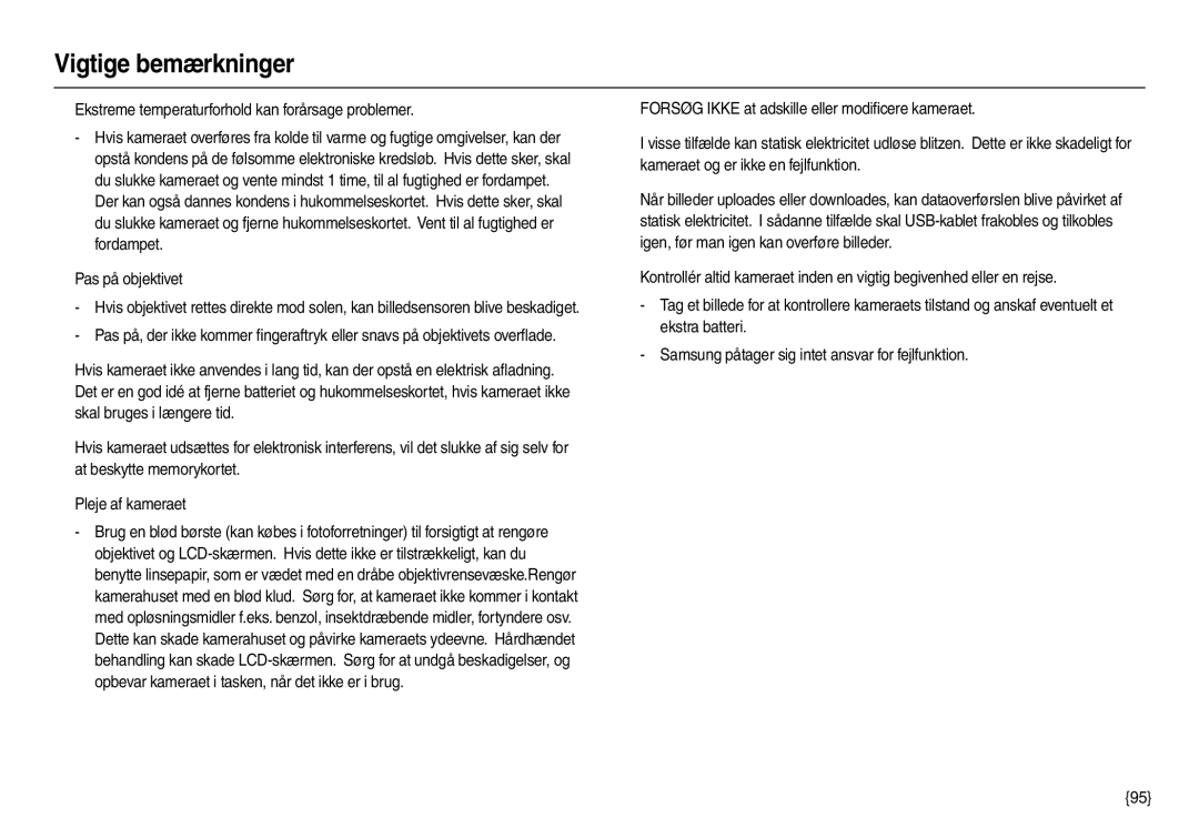 Samsung EC-L210ZUDA/E3, EC-L210ZSDA/E3 manual Ekstreme temperaturforhold kan forårsage problemer, Pas på objektivet 